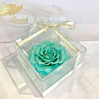 Бірюзовий стабілізований бутон троянди в подарунковій коробці Lerosh — Premium