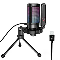 Fifine AmpliGame A6V USB микрофон с RGB-подсветкой на треноге с поп фильтром для ПК и консолей - Черный