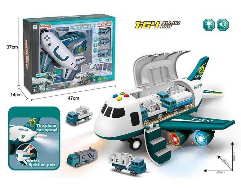 Літак 660 А-315 (12/2) "Спецтехніка", інерція, парогенератор, 3 машинки, на батарейках, світло, звук, дорожні, фото 1