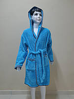 Халат для девочки махровый с капюшоном, поясом и карманами Тм Zeron Турция голубой