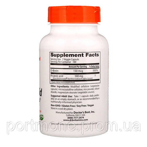 R-Липоевая кислота Doctors Best R-Lipoic Acid 100 мг 180 капсул ...
