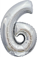 Фольгована куля цифра "6", срібна 80 см. в упаковці.