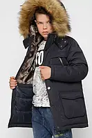 Стильная зимняя куртка парка для мальчика с меховой опушкой черная 8312-2 28р