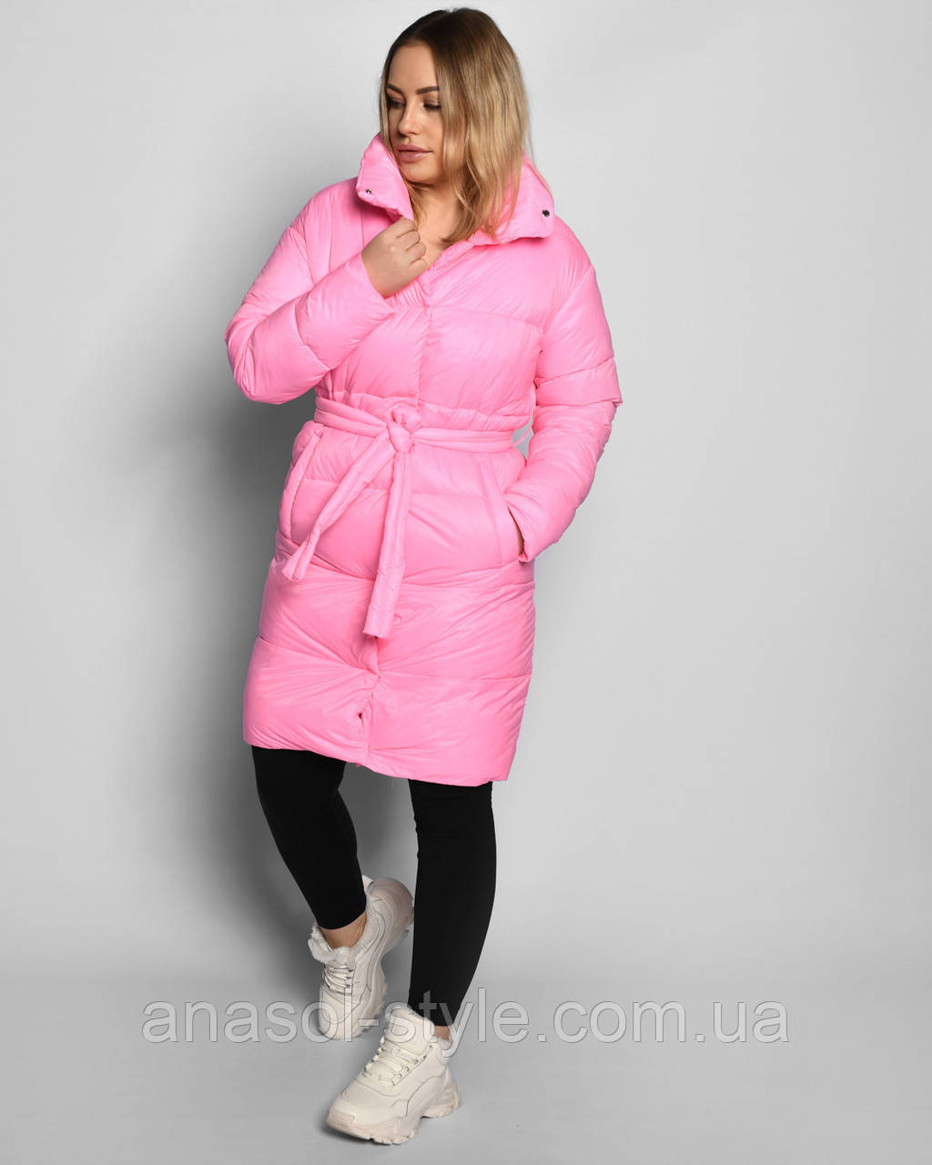 Куртка демісезонна подовжена стьогана оверсайз матова плащовка монклер на стійку LS-8931-15 рожева