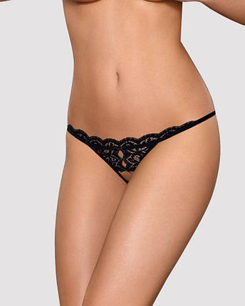 Мереживні танга з двома отворами Obsessive 831-THC-1 crotchless thong S/M, чорні, бантики, фото 1