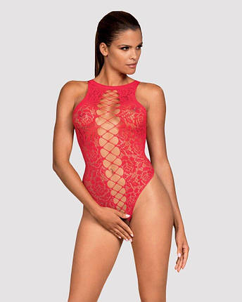 Ажурний бодістокінг з ефектом шнурівки Obsessive B120 teddy red S/M/L, червоний, фото 1