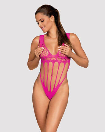Сітчастий бодистокінг з поздовжніми вирізами Obsessive B121 teddy S/M/L, рожевий, фото 1