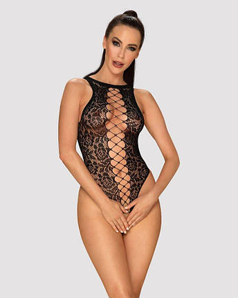 Ажурний бодістокінг з ефектом шнурівки Obsessive B129 teddy black XL/XXL, чорний, з доступом, фото 1