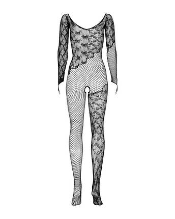 Бодістокінг Obsessive Bodystocking F210 S/M/L black, рукава-мітенки, сітка, кольорове мереживо, фото 1