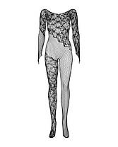 Бодістокінг Obsessive Bodystocking F210 S/M/L black, рукава-мітенки, сітка, кольорове мереживо, фото 4