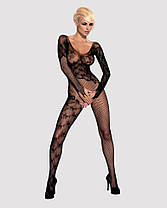 Бодістокінг Obsessive Bodystocking F210 S/M/L black, рукава-мітенки, сітка, кольорове мереживо, фото 6