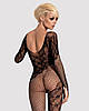 Бодістокінг Obsessive Bodystocking F210 S/M/L black, рукава-мітенки, сітка, кольорове мереживо, фото 7