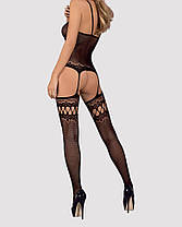 (SALE) Бодістокінг Obsessive Bodystocking F214 black S/M/L, імітація корсету та панчох на підв'язках, фото 4