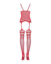 Бодістокінг Obsessive Bodystocking F214 red S/M/L, імітація корсета і панчіх на підв'язках, фото 4