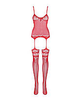 Бодістокінг Obsessive Bodystocking F214 red S/M/L, імітація корсета і панчіх на підв'язках, фото 5