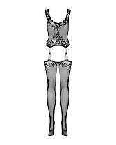 (SALE) Бодістокінг Obsessive Bodystocking F221 XL/XXL, силуетний квітковий малюнок, імітація панчох, фото 4