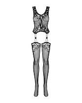 (SALE) Бодістокінг Obsessive Bodystocking F221 XL/XXL, силуетний квітковий малюнок, імітація панчох, фото 5