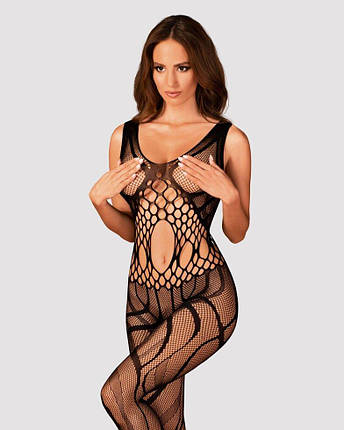 Сітчастий бодістокінг з вирізами і малюнком Obsessive Bodystocking G328 S/M/L, чорний, комбінезон, фото 1