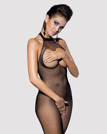 Бодістокінг з дрібної сітки з відкритими грудьми і доступом Obsessive Bodystocking N101 S/M/L, чорний,, фото 1