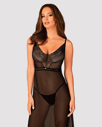 Напівпрозора довга сорочка Obsessive Estiqua chemise XS/S, чорний, асиметричний крій, фото 1