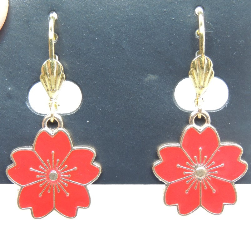 Сережки Liresmina Jewelry сережки європейські Червоні квіточки 3.6 см емаль золотисті
