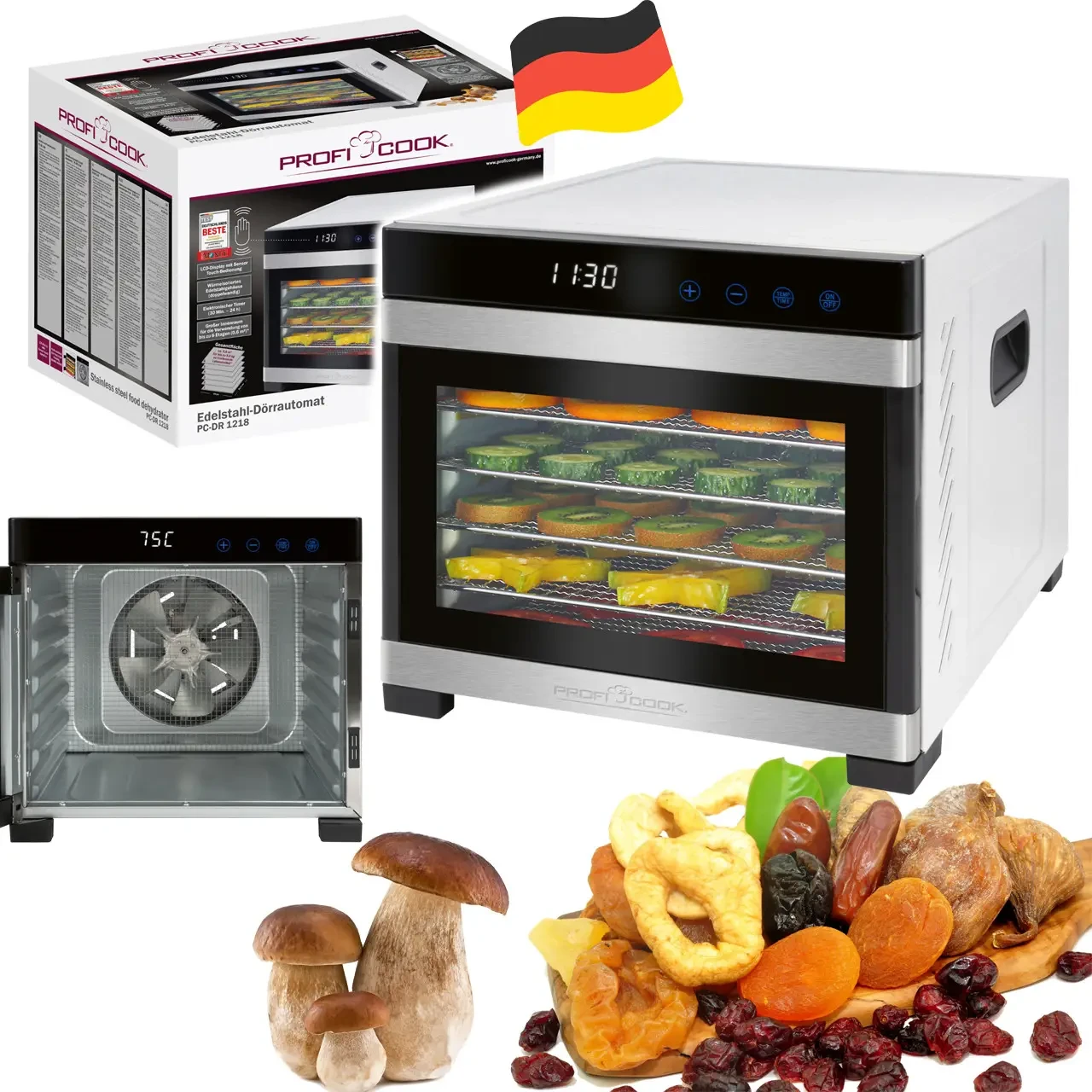 Сушка для овочів та фруктів ProfiCook PC-DR 1218 - 650Вт, 6 грат, термостат, таймер, нержавіюча сталь