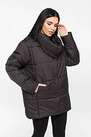 Модна чорна весняна куртка оверсайз зі знімним шарфом, великих розмірів від 59 до 69