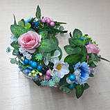 Український вінок на голову в блакитному та рожевому кольорі, фото 4