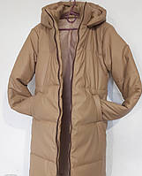 Куртка жіноча шкіряна тепла з капюшоном подовжена зимова з екошкіри