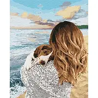 Картина за номерами Дівчина з собакою біля моря на полотні 40х50см