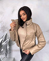 Коротка тепла жіноча куртка екошкіра силікон 200 чорна/кавова/бежева 42-44-46 Мод.0105