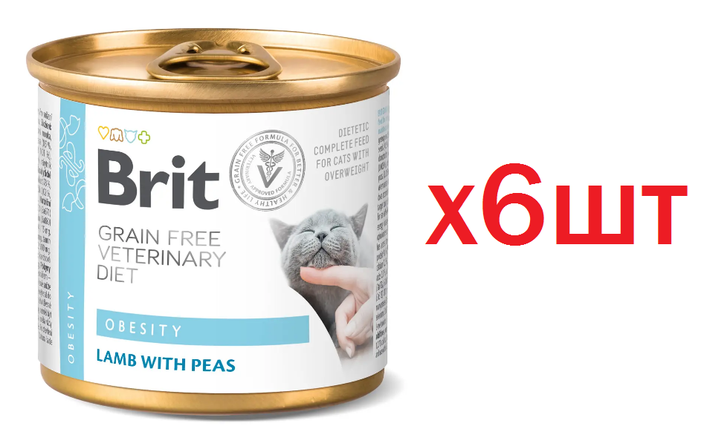 Вологогий корм для котів при ожирінні та надмірній вазі Brit VD Obesity , 6шт*200 г (ягня та горох), фото 1