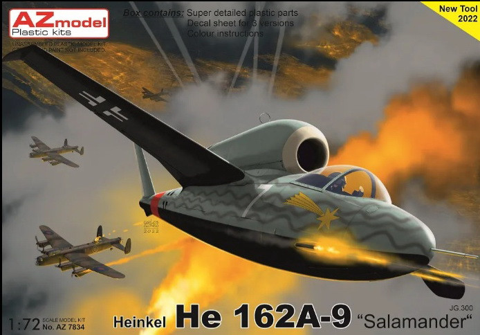 Пластикова модель 1/72 AZ model 7834 німецький реактивний винищувач Heinkel He 162A-9 "Salamander" JG300
