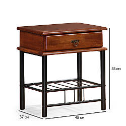 Дерев'яна приліжкова тумба з шухлядою вишня антична Fiona 48 см на чорних металевих ніжках