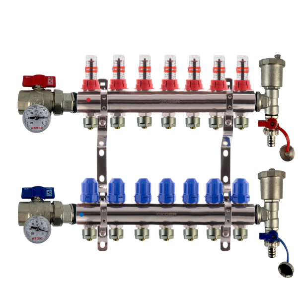Колектор на 7 контурів KP Czech у зборі з витратомірами, термометрами та кінцевими елементами у зборі