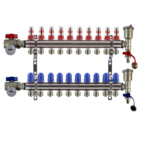 Колектор на 10 контурів KP Czech у зборі з витратомірами, термометрами та кінцевими елементами у зборі