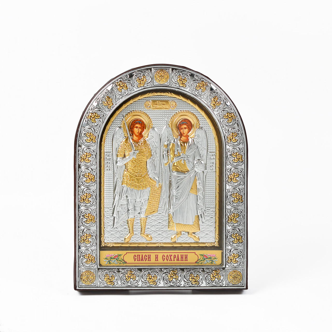 Ікона Архангел Михаїл та Гавриїл 12х15,5см під склом аркової форми в шкірі