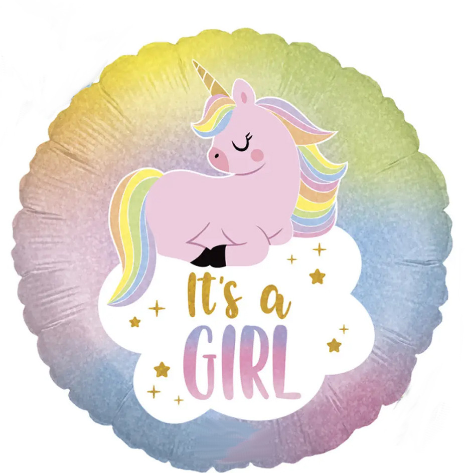 Фольгована кулька круг "It's a girl єдиноріг" кольорова 18"(45см) 1шт.
