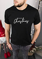 Мужская новогодняя футболка черная "Merry "Christmas" с новогодним принтом (My)