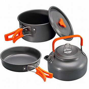 Набір туристичного посуду 3в1 (похідна каструля, сковорода, чайник) / Туристичний похідний набір