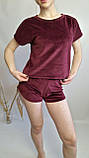 Жіночий велюровий піжамний комплект футболка шорти штани бордовий, фото 3