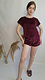 Жіночий велюровий піжамний комплект футболка шорти штани бордовий, фото 6