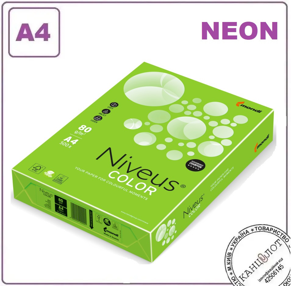 Папір кольоровий неоновий NIVEUS зелений, NEOGN, А4/80, 500арк. (A4.80.NVN.NEOGN.500)