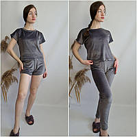Женский велюровый пижамный комплект футболка шорты штаны серого цвета