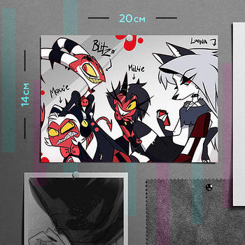 "Блітцо, Моксі і Міллі (Пекельний бос / Helluva boss)" плакат (постер) розміром А5 (20х14см)