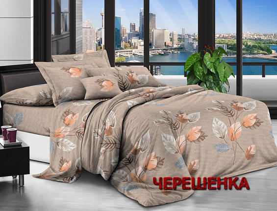 Синтетична тканина 220 см для постільної білизни бежева Поліестер 75 з малюнком листя, у рулоні 60 м, фото 1