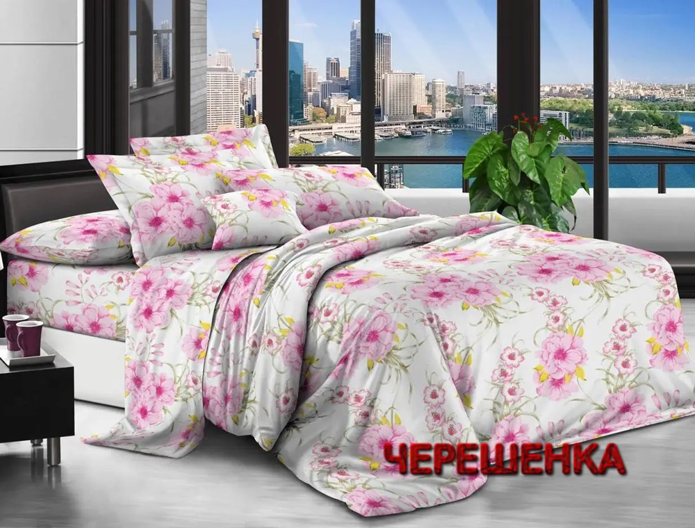 Світла тканина 220 см для постільної білизни синтетична, Поліестер 75 з принтом рожеві квіти, у рулоні 60 м