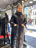 Пальто стильное зимнее больших размеров со стразами модное с капюшоном батал большое, пальто турецкое стеганое Черный, M