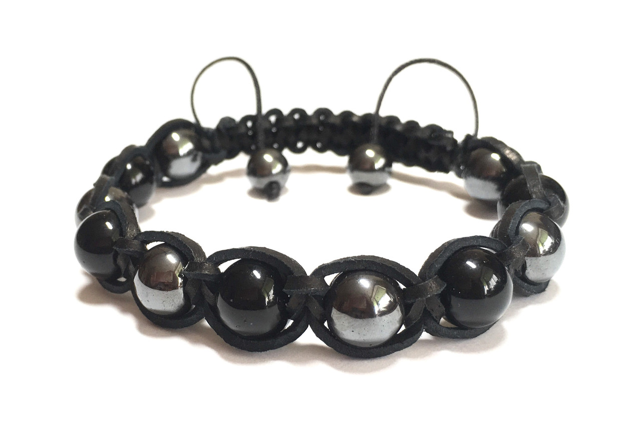 Шкіряний браслет з натуральних каменів Турмалін і Гематит shamballa