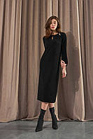 Классическое черное полу-приталенное женское платье миди с длинным рукавом в размерах 42-52